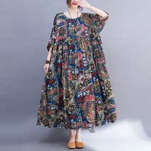여름 맥시 롱 원피스 얇은 반팔 라운드넥 빅사이즈 엄마 중년 큰옷 화려한 인도풍 패턴