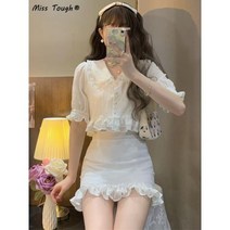 WhiteBlue 여름 시폰 진주 달콤한 두 조각 세트 여성 한국어 레이스 프릴 Flounce 카와이 미니 스커트 세트 여성 슬림 맞는 파티 정장 2022