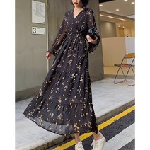 넷투넷코리아 여성 V넥 심플 쉬폰 롱원피스 플라워패턴 기본 하객룩