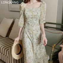 LONGKANG 여름 플라워 원피스 여 통통 롱 프레시 빈티지 쉬폰 스퀘어넥 벌룬 롱 스커트