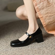 승무원 구두 가보시힐 발볼넓은 메리 제인 토 펌프스 미드 힐 용 하트 스트랩 디자이너 봄 9956N