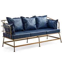 3인용 금속 골드 프레임 가죽소파 쿠션 방수 쇼파 홈카페 거실 사무실, 블랙 프레임 블루 레더 더블