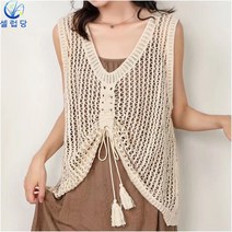 셀럽당 빈티지 문예 펀칭 면마 니트 조끼 여 캐주얼 스트링 베스트 여
