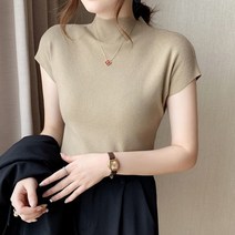 여성 여자 반목티 반폴라티 캡소매 반팔 니트 티셔츠