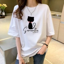 스타일아유 귀여운 고양이 면100% 오버핏 여성 롱 반팔티 박스 여자 반팔티 루즈핏 빅사이즈 반팔 티셔츠[AZG3TS0707]