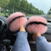 여름 진짜 모피 슬리퍼 숙녀 실내 따뜻한 플립 퍼 여성 플러시 폭스 슬라이드 하우스 신발, 8(38-39), Black Pink