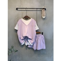 씨샵인더룸 / 닐티 조끼 레이어드 자수 티셔츠 밴딩 반바지 세트