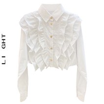 꾸안꾸 디자인 센스 틈새 화이트 프릴 쉬폰 셔츠 긴팔 여성 초봄 가을 프렌치 시크 숏 탑