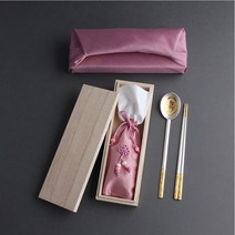 은수저세트 수복금부은수저 1p 24K금도금 순도 99.9% 1벌 생신선물 개업선물 외국인선물 돌잔치선물 퇴직자선물 부모님선물 창립기념품 결혼예물 오동나무케이스, 핑크보자기-핑크주머니