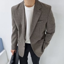 남자 겨울 오버핏 울 체크 투버튼 블레이저 싱글 자켓