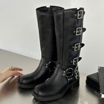 SLATE 승마 부츠 가죽 미들 롱 여성용 스트리트 라이딩 쿨 무릎 높이 바이크 오토바이 버클 패션, [01] CN35, [02] black 1