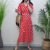 제이후 여름 꽃무늬 허리끈 A라인 플라워 랩 반팔 롱 원피스
