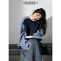 KUOSE 쿠오세 래글런 어깨 맨투맨 니트 패널 두께 2022 가을/겨울 여성용 루즈핏 크루넥 미디 드레스 스웨터