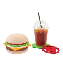 Beyond123 CP8082 버거 세트 - 실용적인 사용을 위한 창의적인 노벨티 단단한 나무 랙 홀더가 있는 코스터 피스 5개 라지 멀티