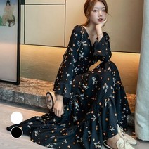 여성 롱 원피스 디자인 긴팔 꽃무늬 패턴 예쁜 브이넥