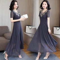 JUST FEEL!NG 빅사이즈 보이넥 여름 여성 반팔 망상 레이스 롱 원피스 우아한 프린트원피스 엄마옷