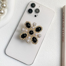 오로라 고급스런 큐빅 진주 플라원 그립톡 스마트톡, 블랙플라워