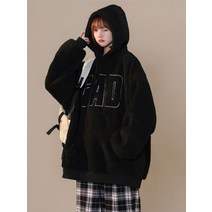 양털후리스Deeptown-양모 오버사이즈 글자 프린트 후드 티 두꺼운 스웨트셔츠 하라주쿠 탑 가을 여성용 의