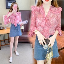 [CESS] 7721 러플 7부소매 쉬폰 블라우스 한색상