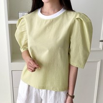 순면 퍼프 소매 블라우스 큐티 데일리 파스텔 브라우스 데이트룩 오피스룩
