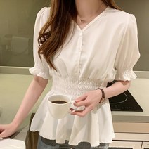 CY여성용 브이넥 반팔 티셔츠 원피스 소매 밑단 프릴 카라없는 v넥 여성 예쁜쇼핑몰 구김없는 하객 여자코디 여성 수트 와이드점프 끈 나시 편한 멜빵