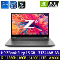 HP ZBook Fury 15 G8 31Z44AV-A3 i7-11850H 16GB NVMe SSD 512GB+HDD 1TB RTX A3000 AS 3년 모바일워크스테이션, WIN10 Pro, 512GB, 코어i7, 실버