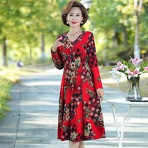 4050대원피스 77사이즈여성쇼핑몰 마 담 미시룩 통통녀 하객룩 원피스 어머니 봄과 가을 긴팔 드레스 세 중년 여성 서양식