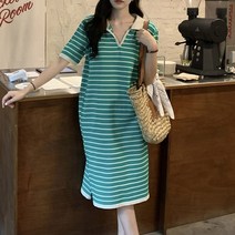 캐주얼 스트라이프 니트 카라 슬릿 원피스 데일리룩