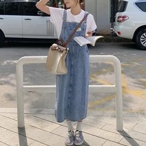 라페나 여성 청 데님 롱 멜빵 원피스