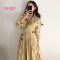 빅카라 v넥 가슴포켓 랩 롱 원피스 긴 소매 플리츠 기계 주름 스커트 가 Esyuse 증정