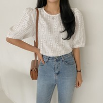 데일리 플라워 자수 반팔 블라우스
