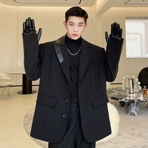 독특 소매라인 가죽패치 남자 검은색 블레이저 봄가을 댄디룩 자켓 스타일리쉬 남친룩