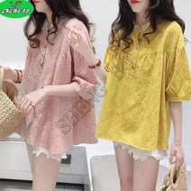 SHENGBO레이스 자수 면 린넨 인형 칼라 셔츠 여성 반팔 티+HY107WH