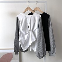 에르디테 / 고방 체크 배색 루즈핏 뒷 밴딩 블라우스 티셔츠 2컬