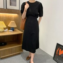 린넨 반팔 롱 원피스 백 리본 러블리 퍼프 소매 여름