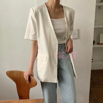 여름 여성 린넨 노카라 벨트 반팔 자켓 3color