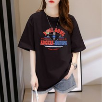 스타일아유 여성 면100% 티셔츠 반팔티 오버핏 ROSE BOWL 문자 프린팅 여자 여름 롱티