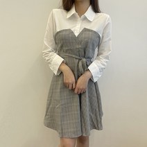 VANANA2 여성 체크 포인트 리본매듭 프릴 셔츠 미니 원피스