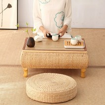라탄테이블 좌식테이블 낮은좌탁 티테이블 커피 거실탁자 쇼파 찻상 서랍 미니 사각 소반, 직사각형 테이블 + 원형 쿠션 2개