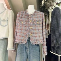 여성 트위드 자켓 여성 빅사이즈 여성용 빈티지 향수 트위드 재킷 가을 겨울 캐주얼 격자 무늬 위브 짧은