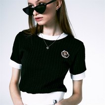 coquetstudio [코케트스튜디오] [WOMAN] CABLE JACQUARD CROP FACE LOGO WAPPEN SWEATSHIRT BLACK