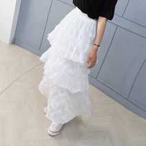 다이뻐 데일리 쉬폰 엠보 셔링셔링 3단캉캉 롱스커트 빅사이즈스커트 화이트 발목기장 스커트