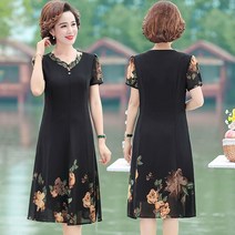 여름 중년 여성 미디원피스 브이넥 플라워 반팔 쉬폰원피스 루즈핏 하객 엄마 바스락원피스 B15