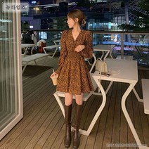 S~4XL 빅사이즈 어깨 퍼프 셔링 플라워 V넥 미니 원피스 긴팔 여자 여성 봄 가을 A라인 스커트 잔꽃 데이트룩