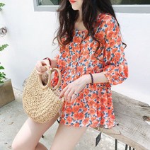 넥 프릴 블라우스 여성 반팔 셔츠 꽃무늬 세련된 우아한 프릴 라운드넥 싱글 브레스트 캐주얼 루즈한