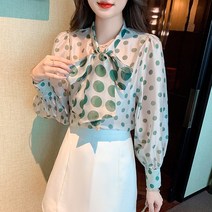 여성 긴팔 도트 리본 블라우스 조안스 C11 W249I451