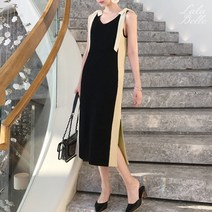라라벨 여성용 브이넥 러센 배색 리본 민소매 슬릿 니트 원피스