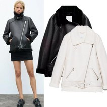 ZARA 에코 레더 가죽 무스탕 퍼 카라 라이더 자켓