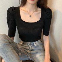 러블리 여름 스퀘어넥 반팔티셔츠 니트 여자 퍼프소매 여자반팔티 커스텀후드티 친구랑트윈룩 맨투맨
