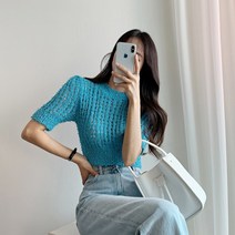 요시아나 [당일발송] 비비드컬러 뽀숑 펀칭 그물 스카시 크롭 니트 -4컬러